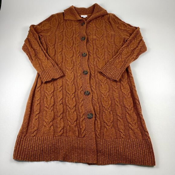 J.Jill Womens Cable-knit Cardigan Button Up Duster Sweater Auburn Sz Medium Wool - Picture 1 of 11